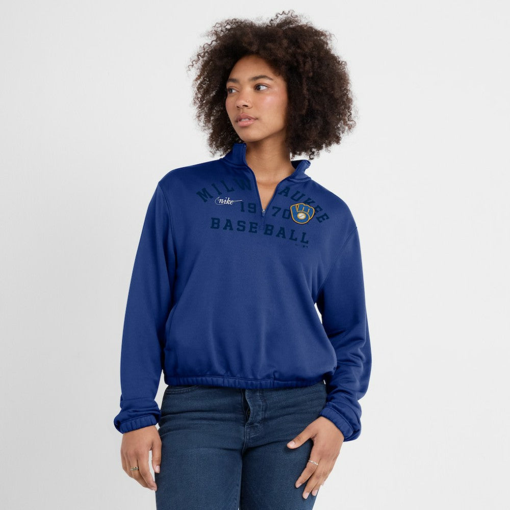 Milwaukee Brewers Women's Rewind Splice Half-Zip Semi-Cropped Bubble Hem Sweatshirt Royal