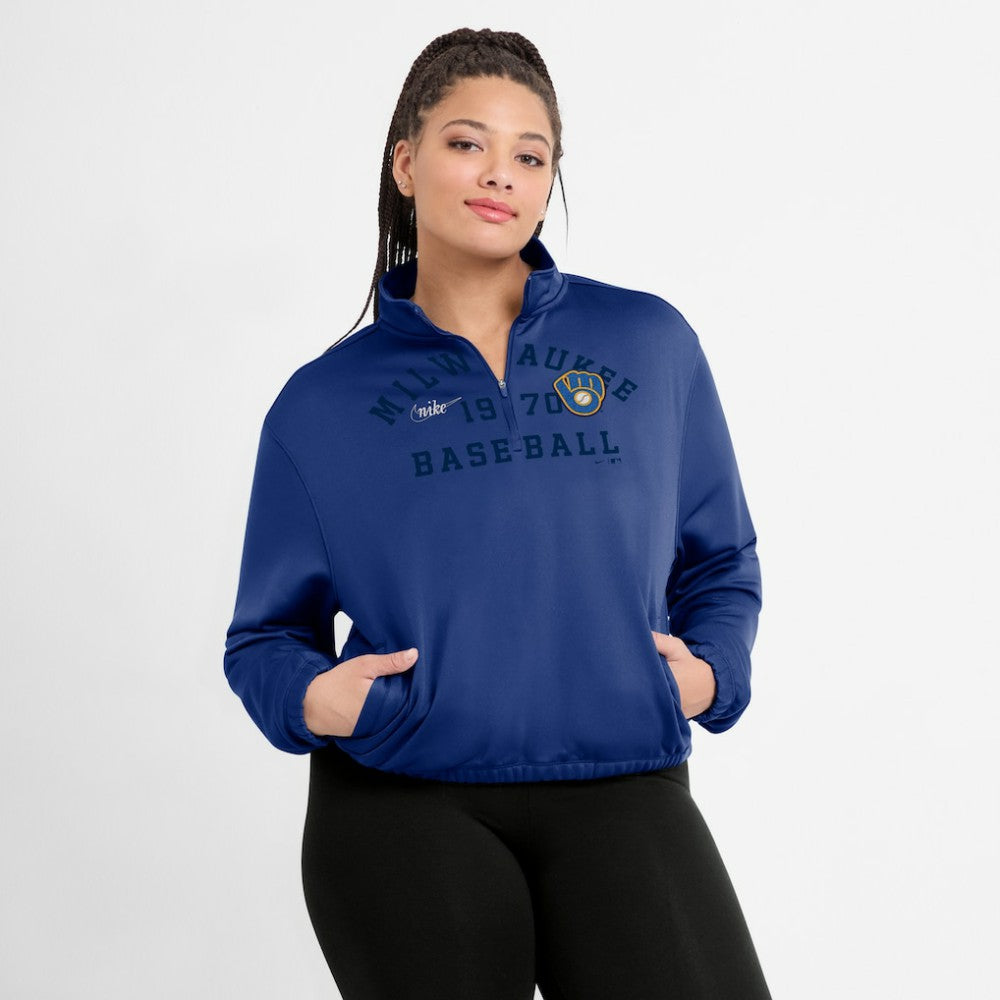 Milwaukee Brewers Women's Rewind Splice Half-Zip Semi-Cropped Bubble Hem Sweatshirt Royal