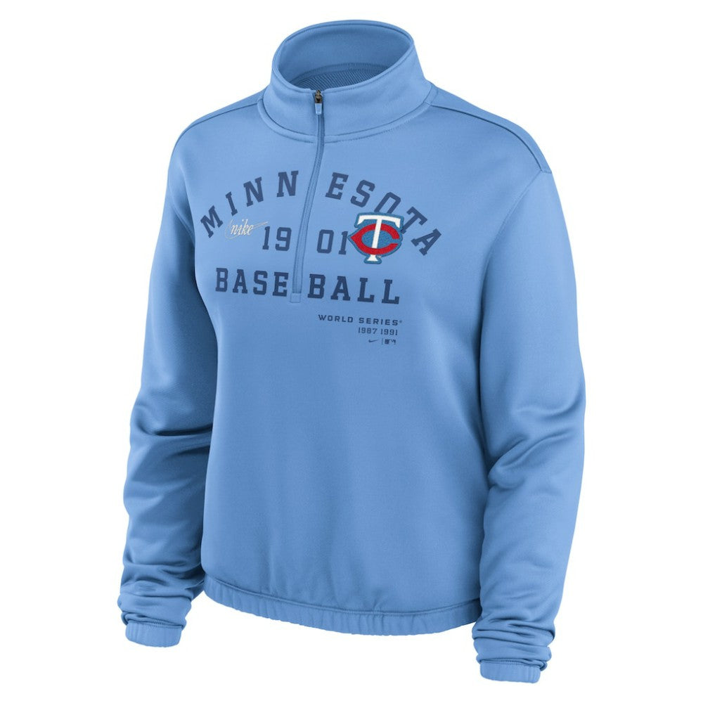 Minnesota Twins Women's Rewind Splice Half-Zip Semi-Cropped Bubble Hem Sweatshirt Light Blue