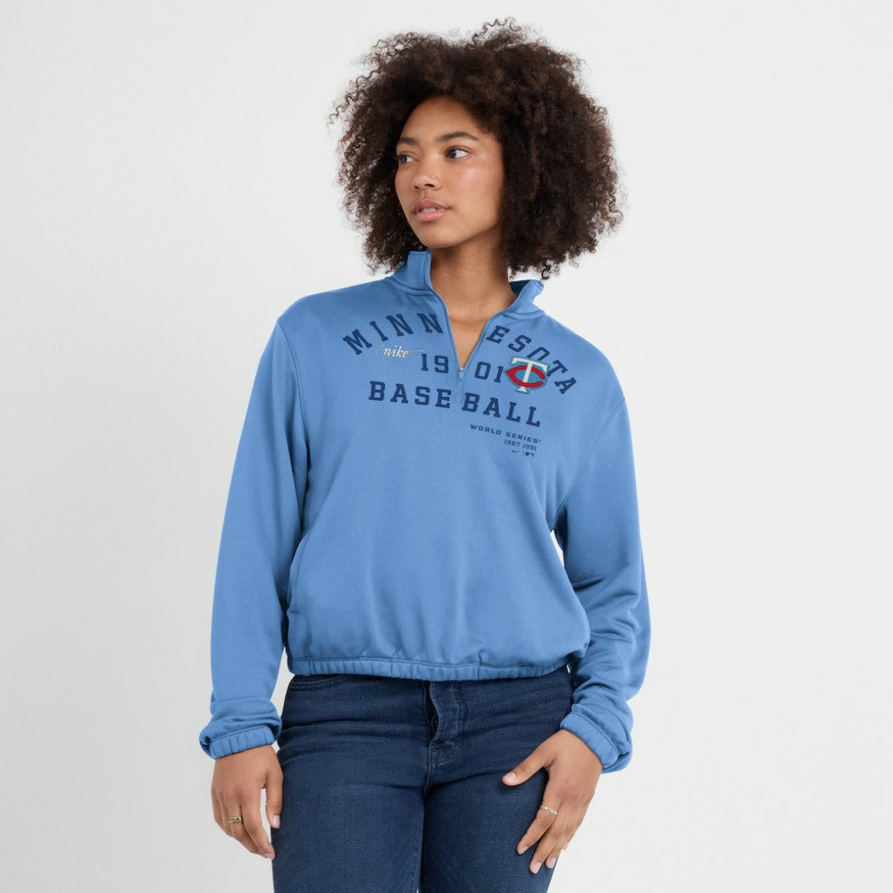 Minnesota Twins Women's Rewind Splice Half-Zip Semi-Cropped Bubble Hem Sweatshirt Light Blue