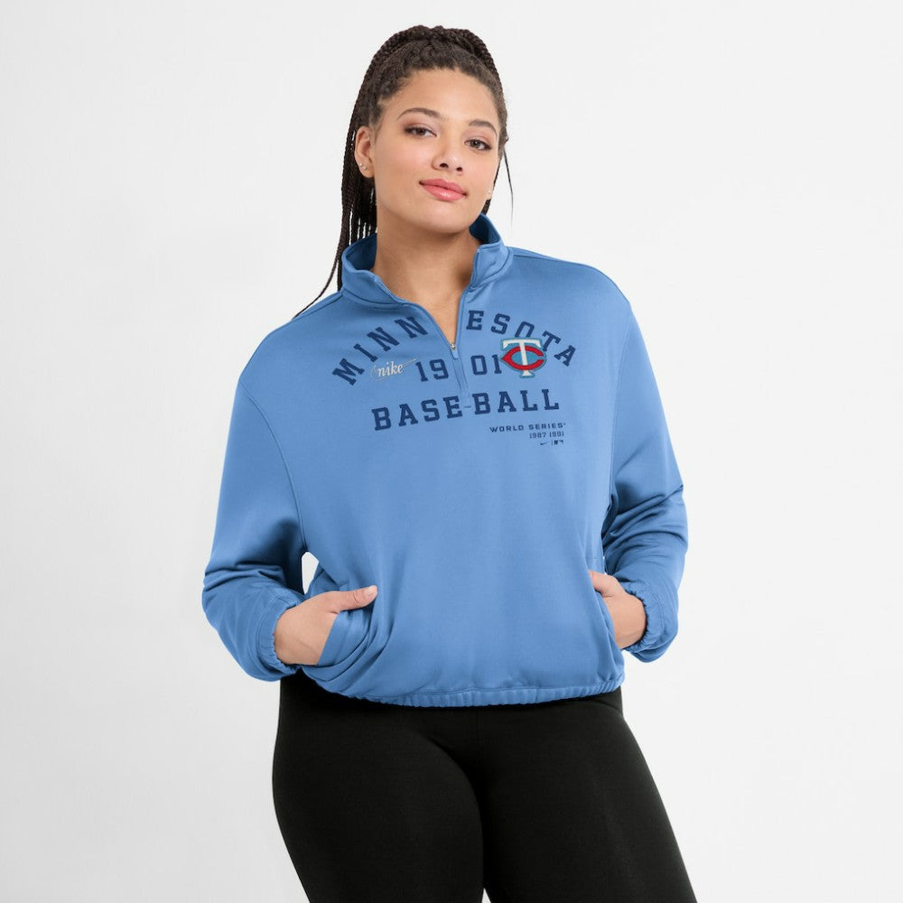 Minnesota Twins Women's Rewind Splice Half-Zip Semi-Cropped Bubble Hem Sweatshirt Light Blue