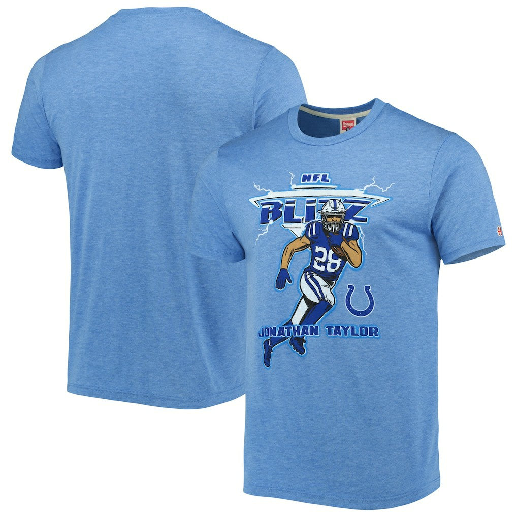 Jonathan Taylor Indianapolis Colts Homage Unisex NFL Blitz Player Tri-Blend T-Shirt - Heathered Heather Royal for sale