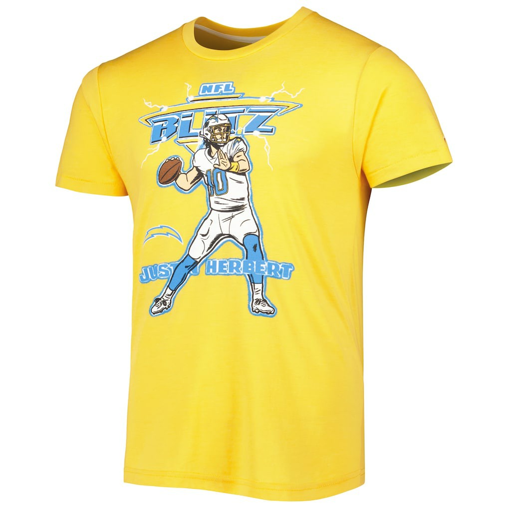 Justin Herbert Los Angeles Chargers Homage Unisex NFL Blitz Player Tri-Blend T-Shirt - Heather Gold on sale