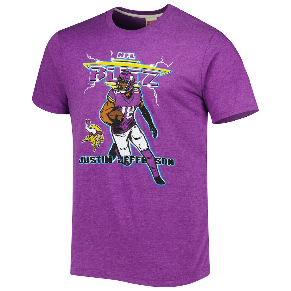 Justin Jefferson Minnesota Vikings Homage Unisex NFL Blitz Player Tri-Blend T-Shirt - Heathered Heather Purple discount