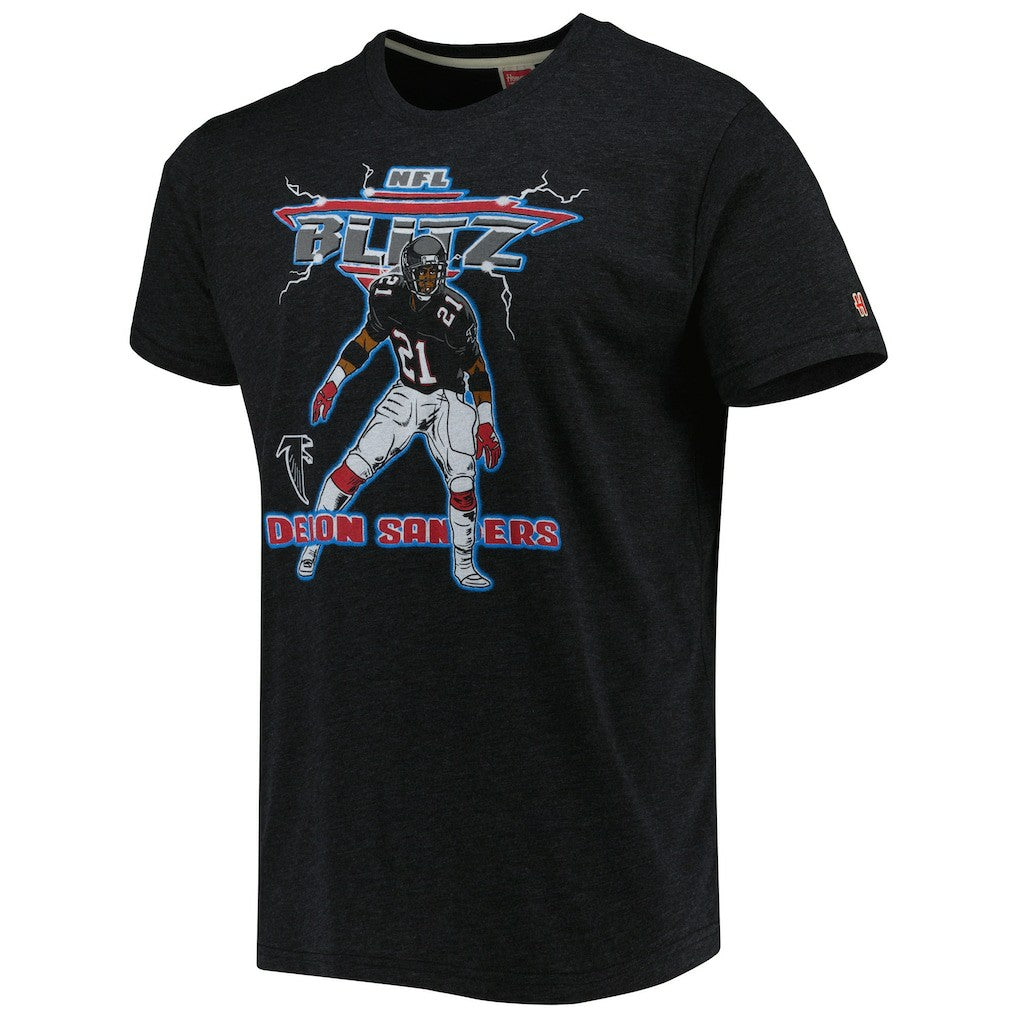 Deion Sanders Atlanta Falcons Homage Unisex NFL Blitz Retired Player Tri-Blend T-Shirt - Heathered Heather Black cheap