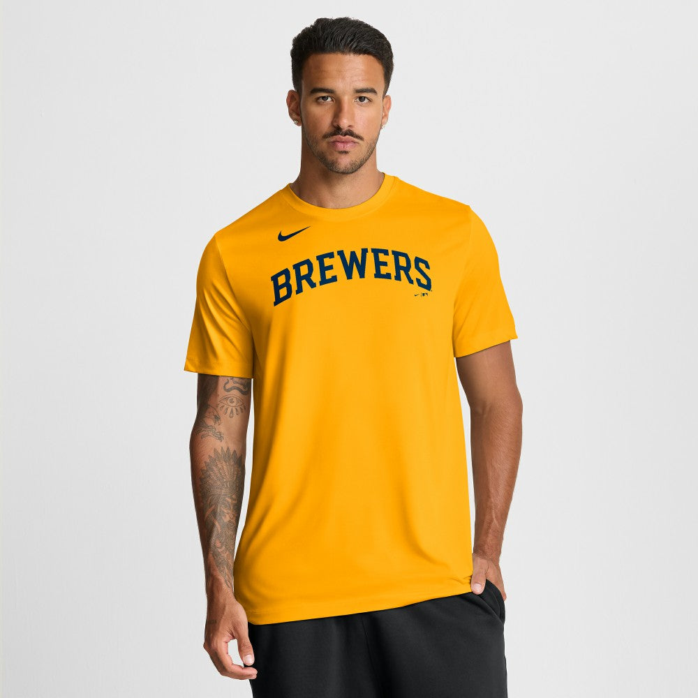 Milwaukee Brewers New Legend Wordmark Dri-FIT T-Shirt Gold