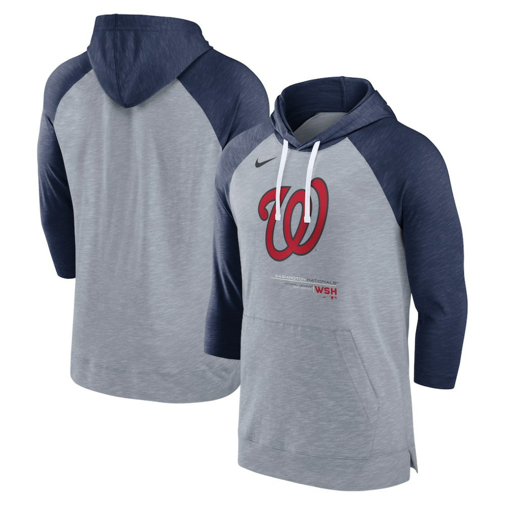 Washington Nationals Baseball Raglan 3/4-Sleeve Pullover Hoodie Heather Gray/Heather Navy