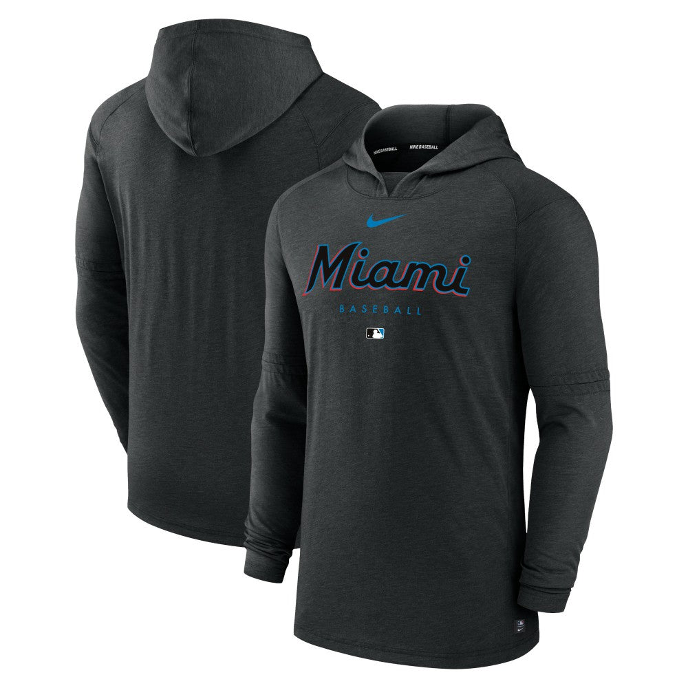 Miami Marlins Authentic Collection Lightweight Dri-FIT Hooded Pullover Heather Black