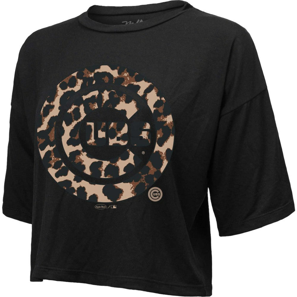 Chicago Cubs Majestic Threads Women's Leopard Cropped T-Shirt Black