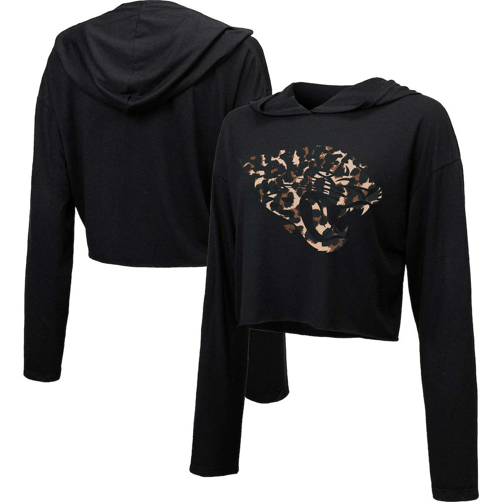 Jacksonville Jaguars Majestic Threads Women's Leopard Cropped Pullover Hoodie - Black outlet