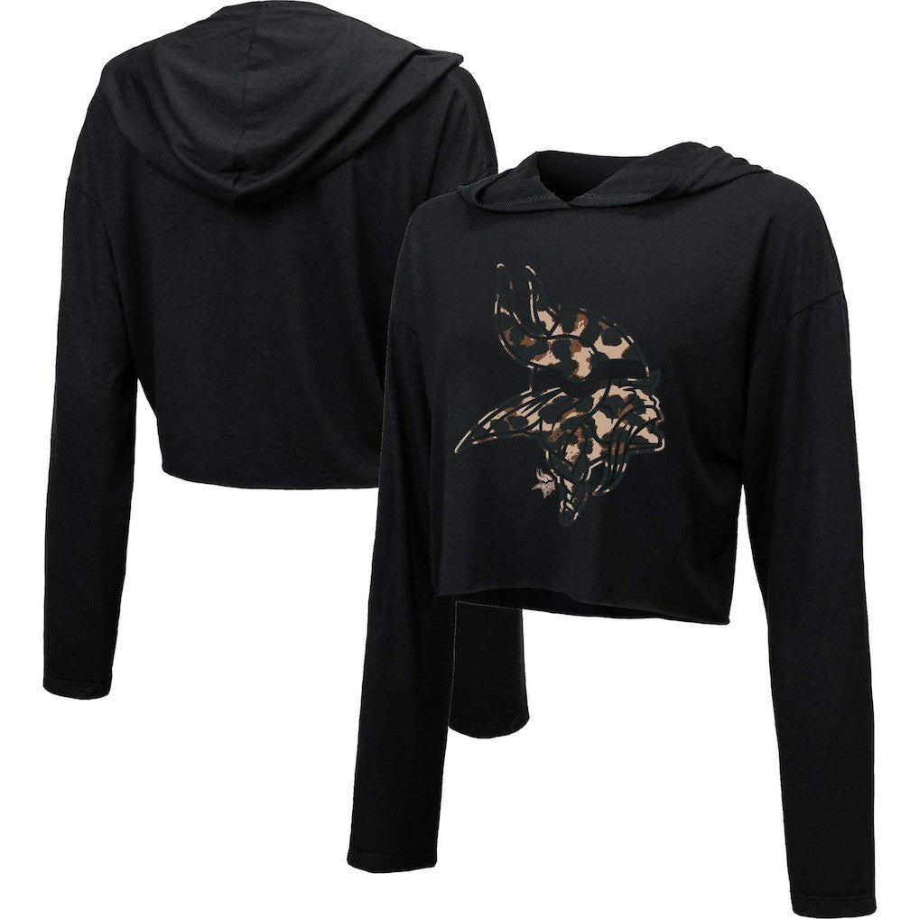 Minnesota Vikings Majestic Threads Women's Leopard Cropped Pullover Hoodie - Black on sale