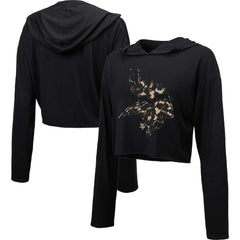 Minnesota Vikings Majestic Threads Women's Leopard Cropped Pullover Hoodie - Black on sale