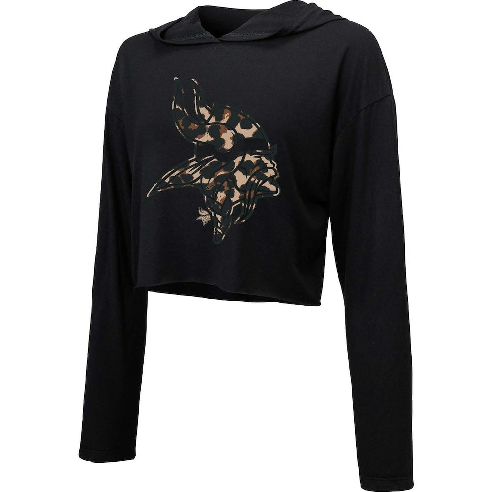 Minnesota Vikings Majestic Threads Women's Leopard Cropped Pullover Hoodie - Black on sale
