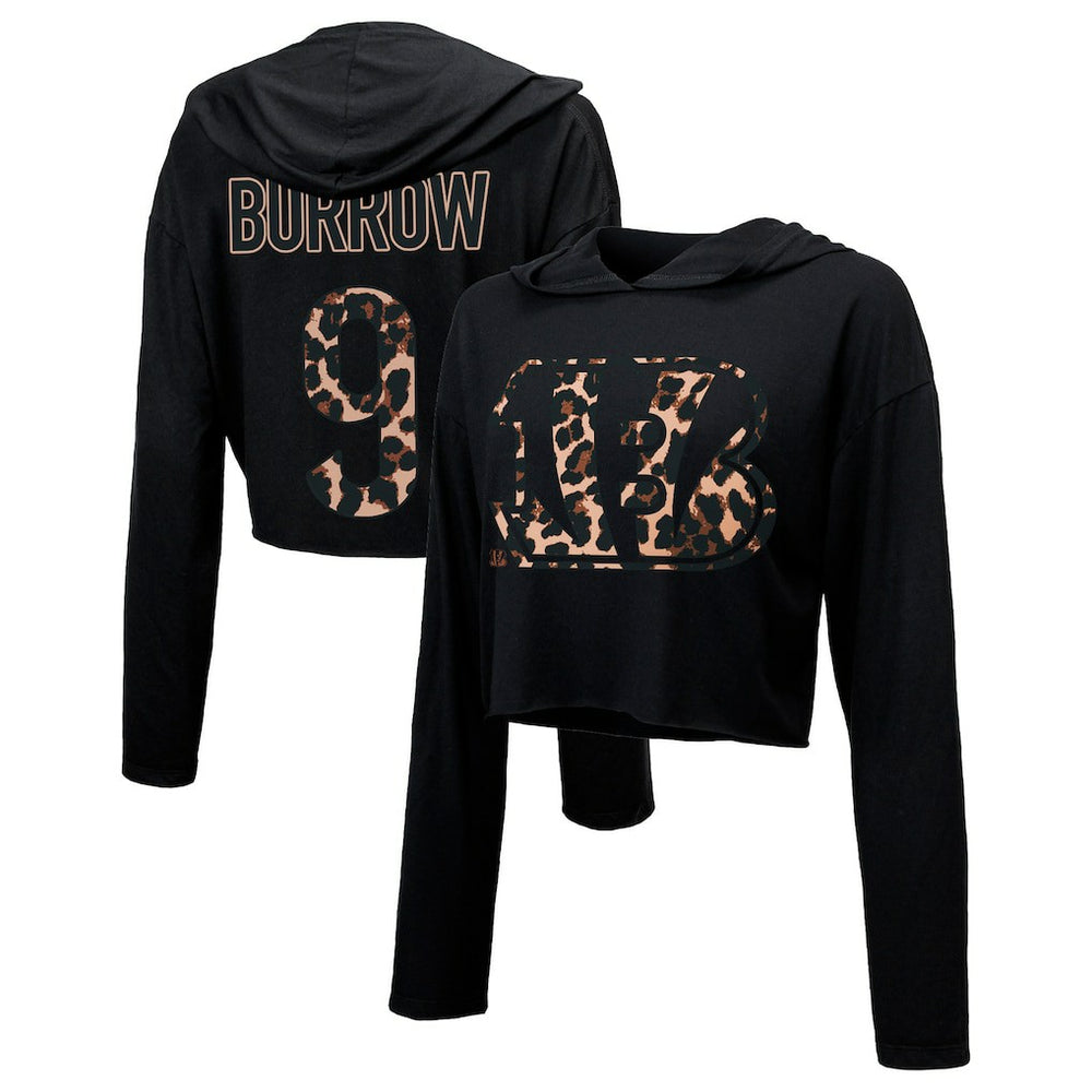 Joe Burrow Cincinnati Bengals Majestic Threads Women's Leopard Player Name & Number Long Sleeve Cropped Hoodie - Black discount