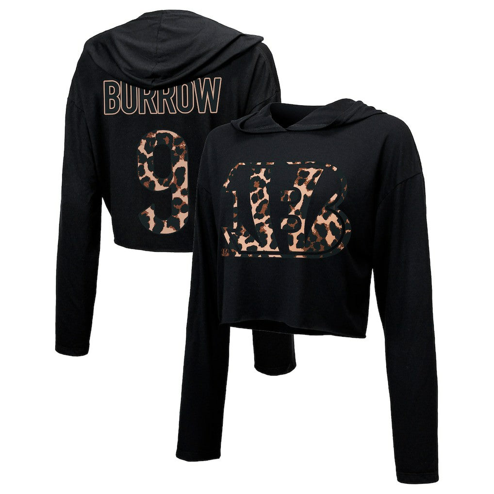 Joe Burrow Cincinnati Bengals Majestic Threads Women's Leopard Player Name & Number Long Sleeve Cropped Hoodie - Black discount