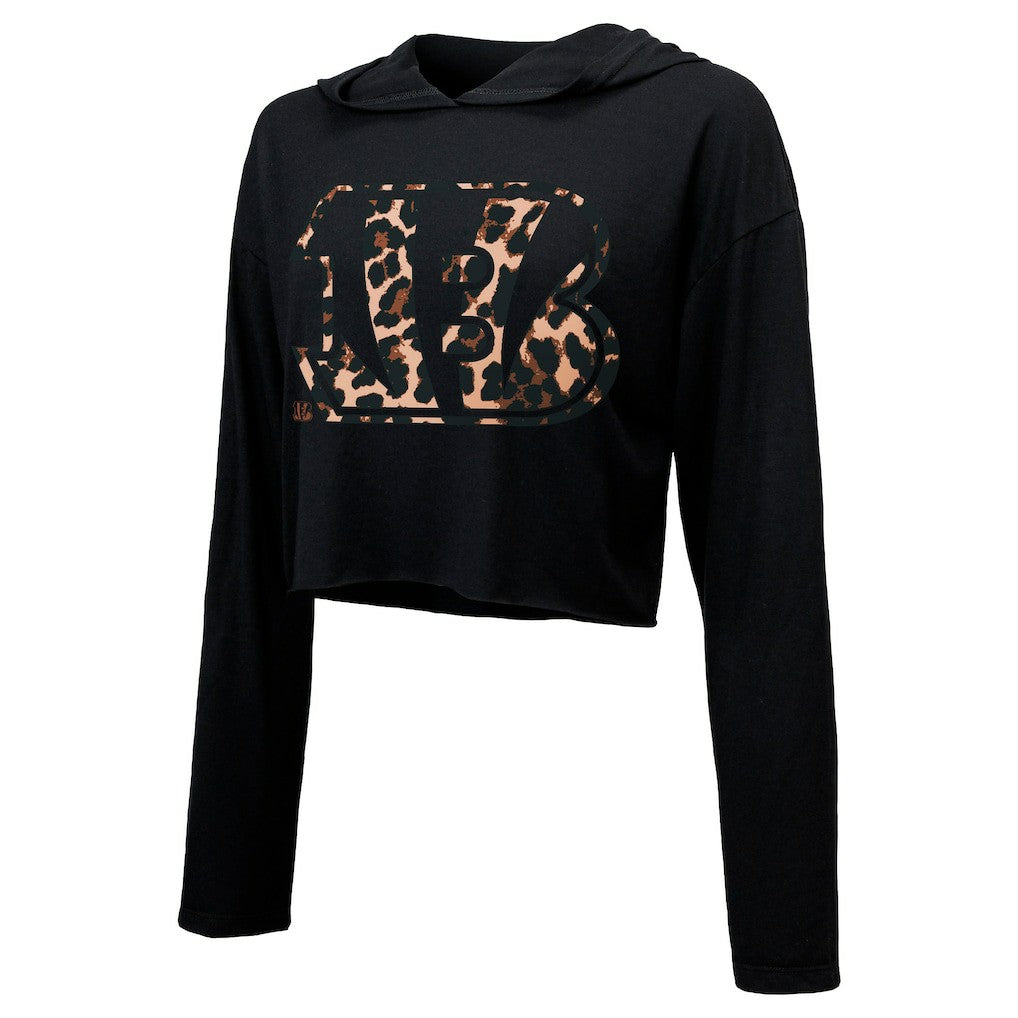 Joe Burrow Cincinnati Bengals Majestic Threads Women's Leopard Player Name & Number Long Sleeve Cropped Hoodie - Black discount