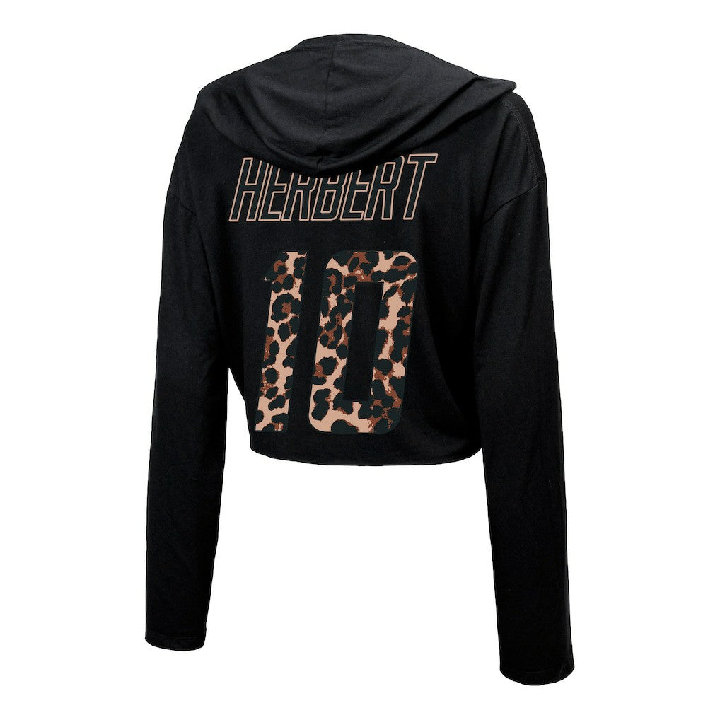 Justin Herbert Los Angeles Chargers Majestic Threads Women's Leopard Player Name & Number Long Sleeve Cropped Hoodie - Black sale