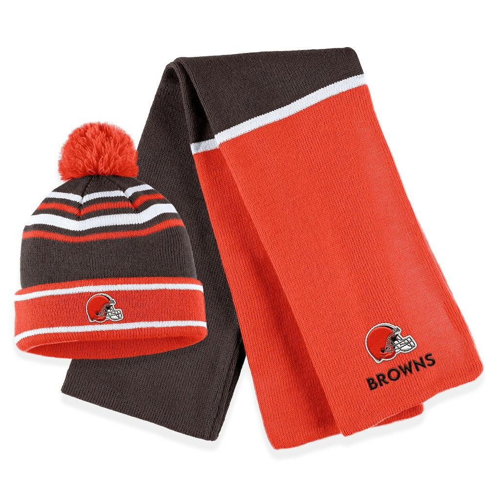 Cleveland Browns WEAR by Erin Andrews Women's Colorblock Cuffed Knit Hat with Pom and Scarf Set - Orange on sale