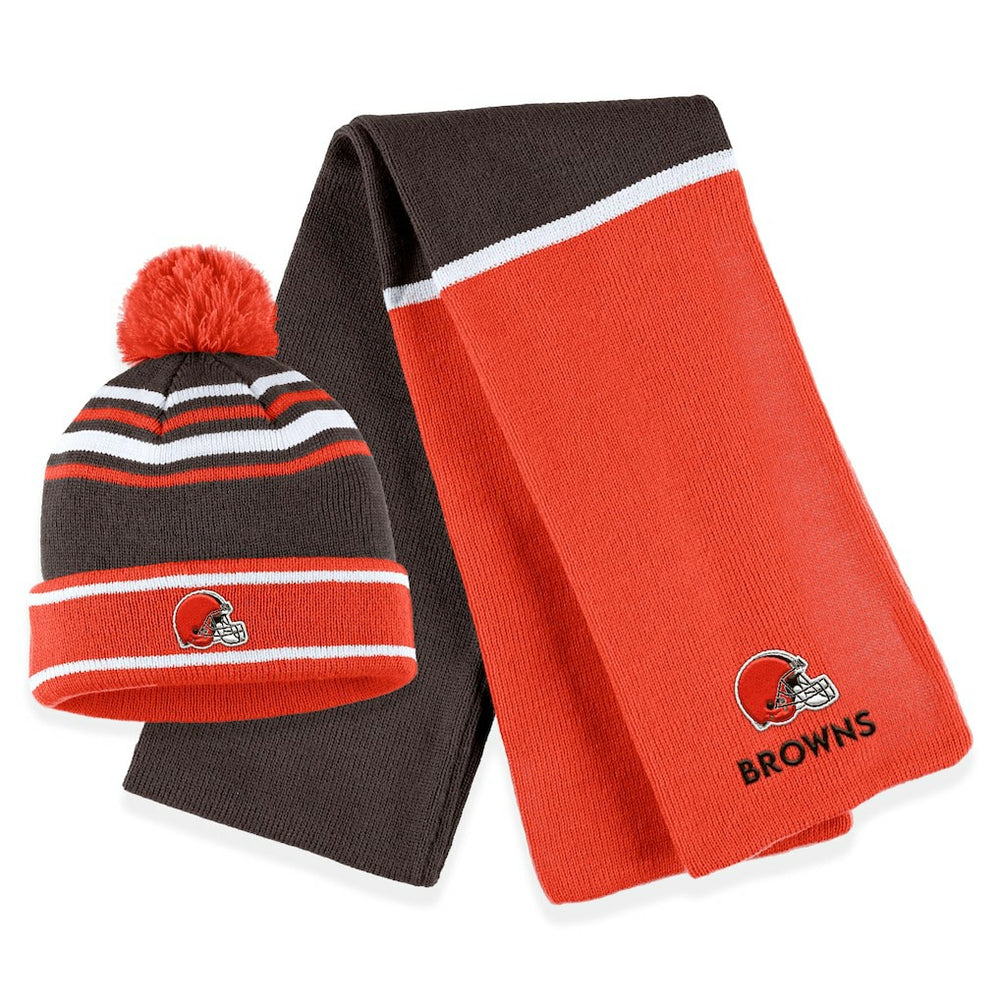 Cleveland Browns WEAR by Erin Andrews Women's Colorblock Cuffed Knit Hat with Pom and Scarf Set - Orange on sale
