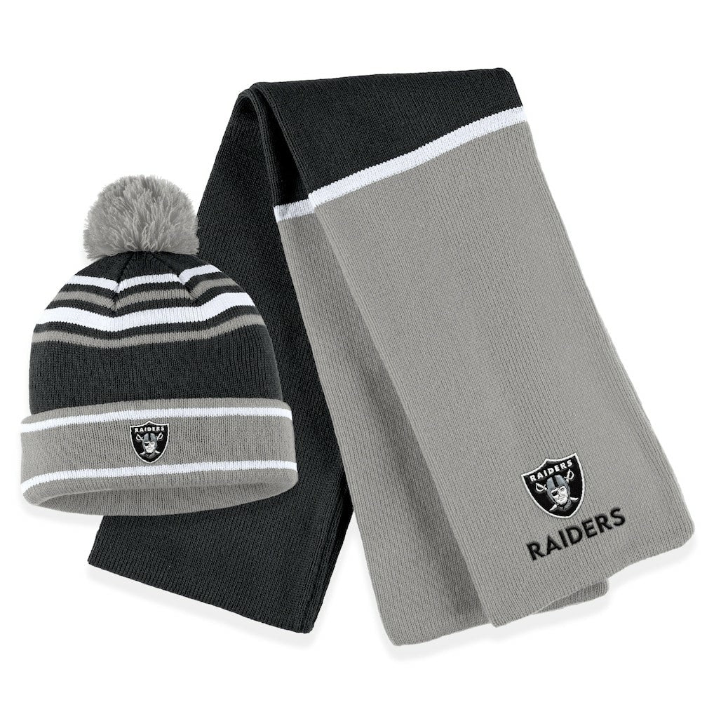 Las Vegas Raiders WEAR by Erin Andrews Women's Colorblock Cuffed Knit Hat with Pom and Scarf Set - Black sale