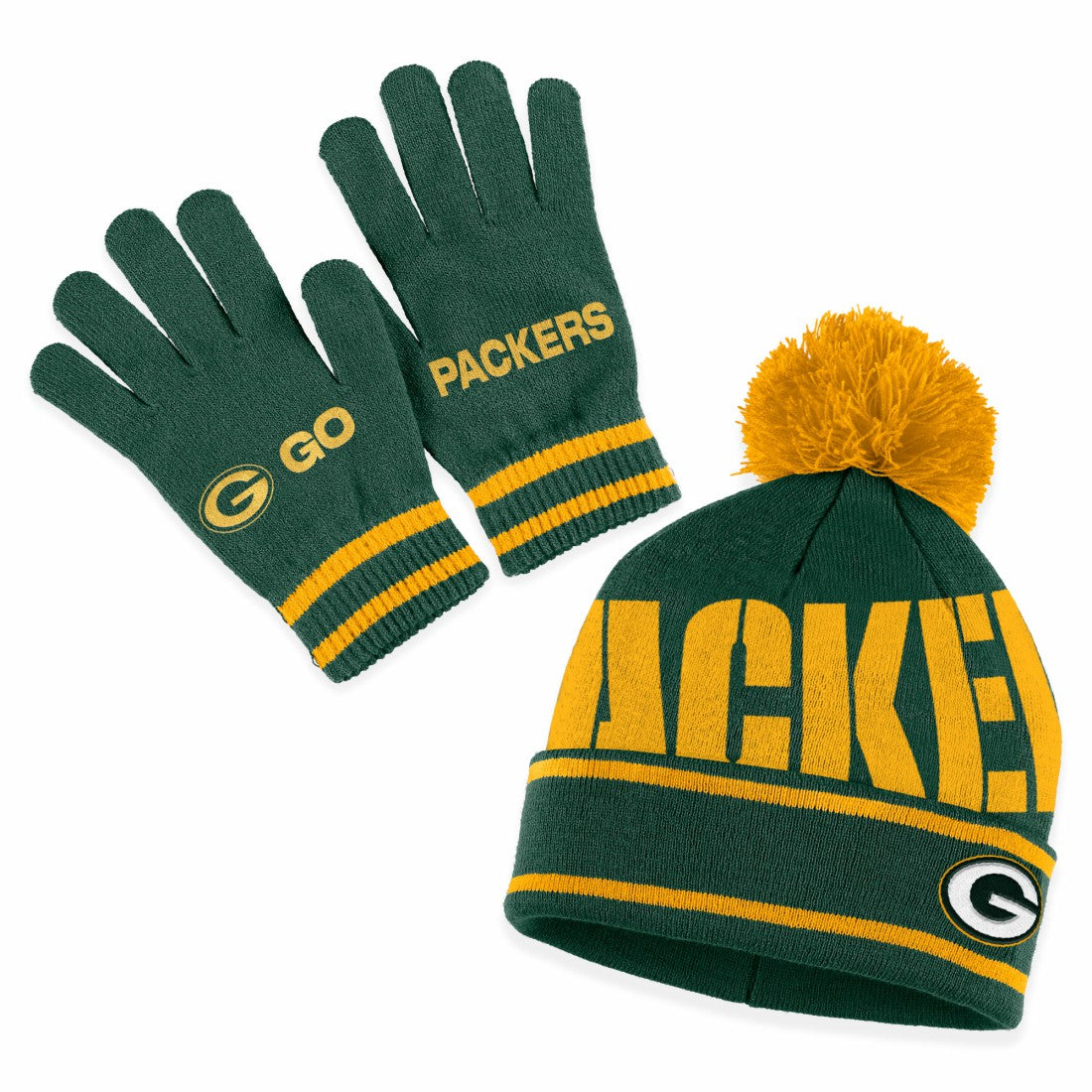 Green Bay Packers WEAR by Erin Andrews Women's Double Jacquard Cuffed Knit Hat with Pom and Gloves Set - Green online