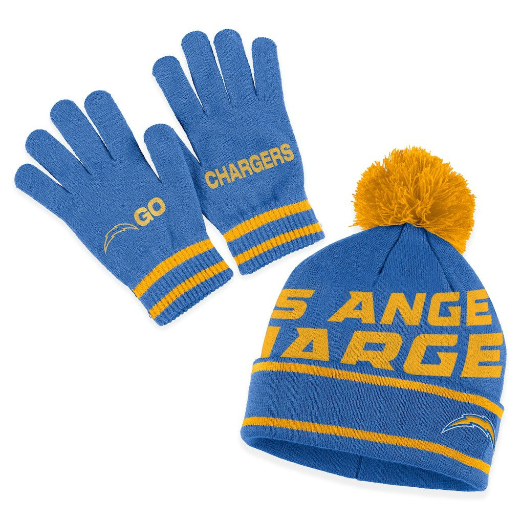 Los Angeles Chargers WEAR by Erin Andrews Women's Double Jacquard Cuffed Knit Hat with Pom and Gloves Set - Powder Blue for sale