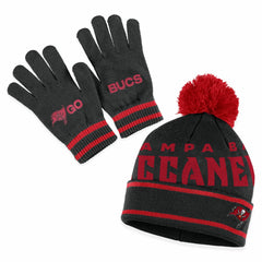 Tampa Bay Buccaneers WEAR by Erin Andrews Women's Double Jacquard Cuffed Knit Hat with Pom and Gloves Set - Black cheap