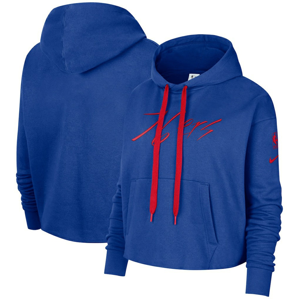 Philadelphia 76ers Women's Split Flip Courtside Cropped Pullover Hoodie - Royal discount