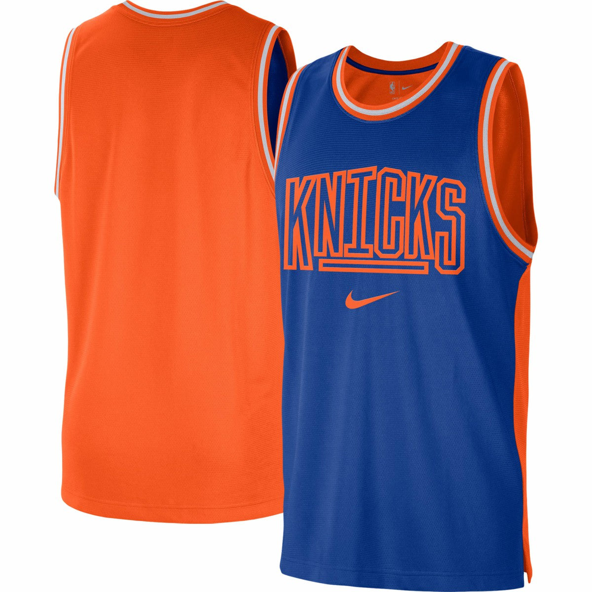 New York Knicks Courtside Versus Force Split DNA Performance Mesh Tank Top - Blue/Orange for sale