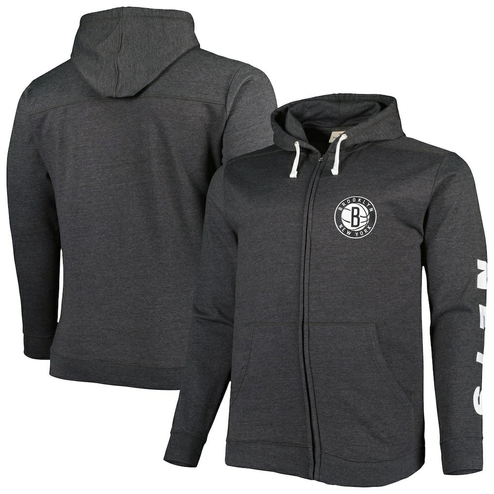Brooklyn Nets Big & Tall Down and Distance Full-Zip Hoodie - Heathered Black for sale