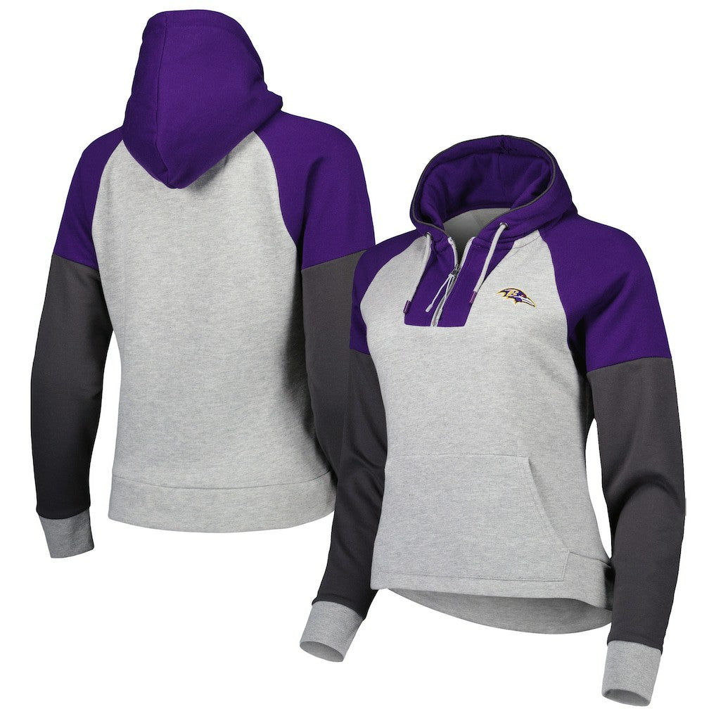 Baltimore Ravens Antigua Women's Lightweight Jackpot Raglan Half-Zip Pullover Hoodie - Heather Gray on sale