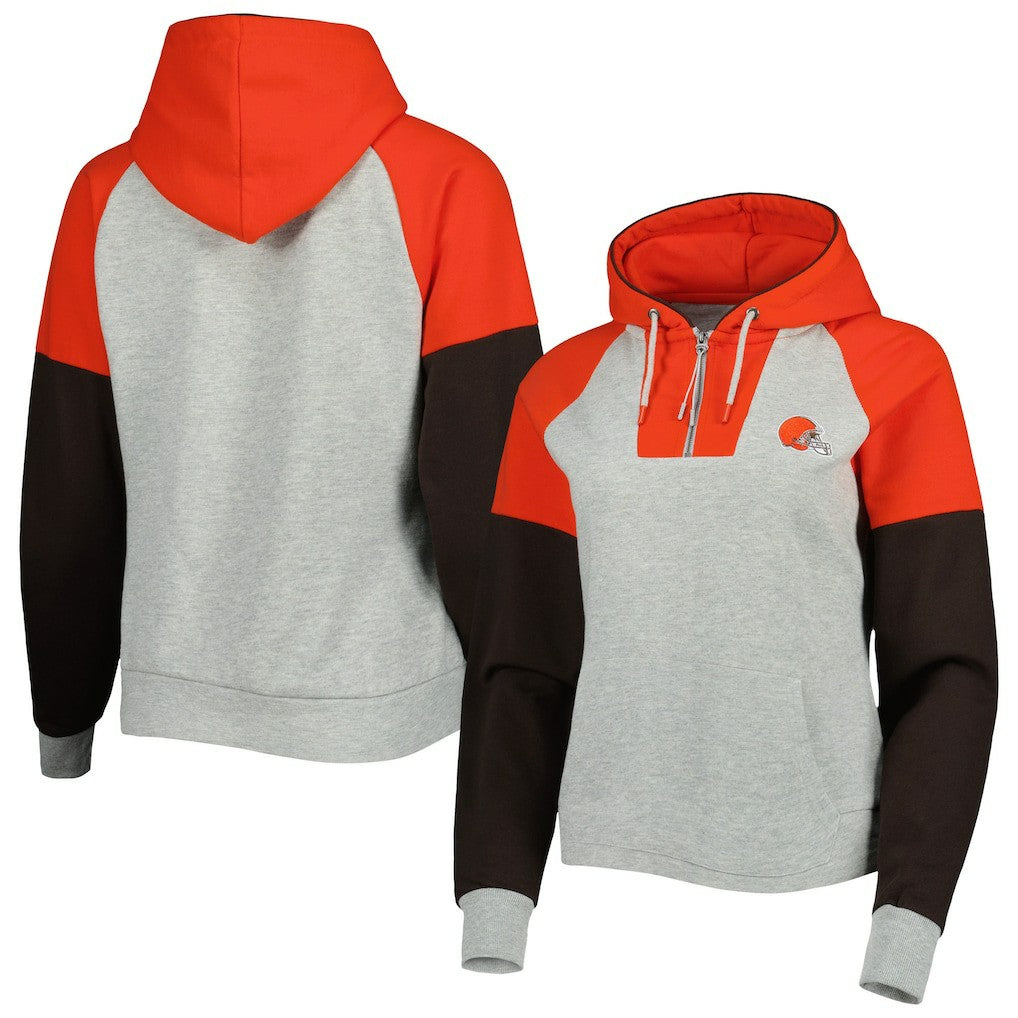Cleveland Browns Antigua Women's Lightweight Jackpot Raglan Half-Zip Pullover Hoodie - Heather Gray on sale
