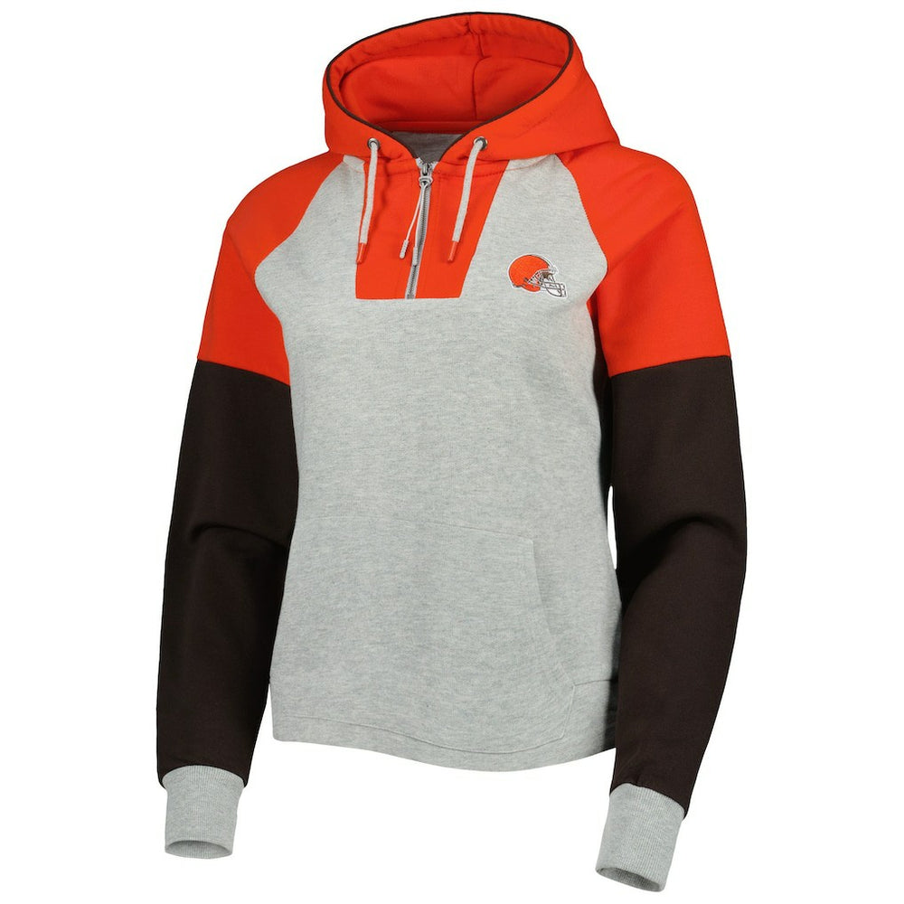 Cleveland Browns Antigua Women's Lightweight Jackpot Raglan Half-Zip Pullover Hoodie - Heather Gray on sale