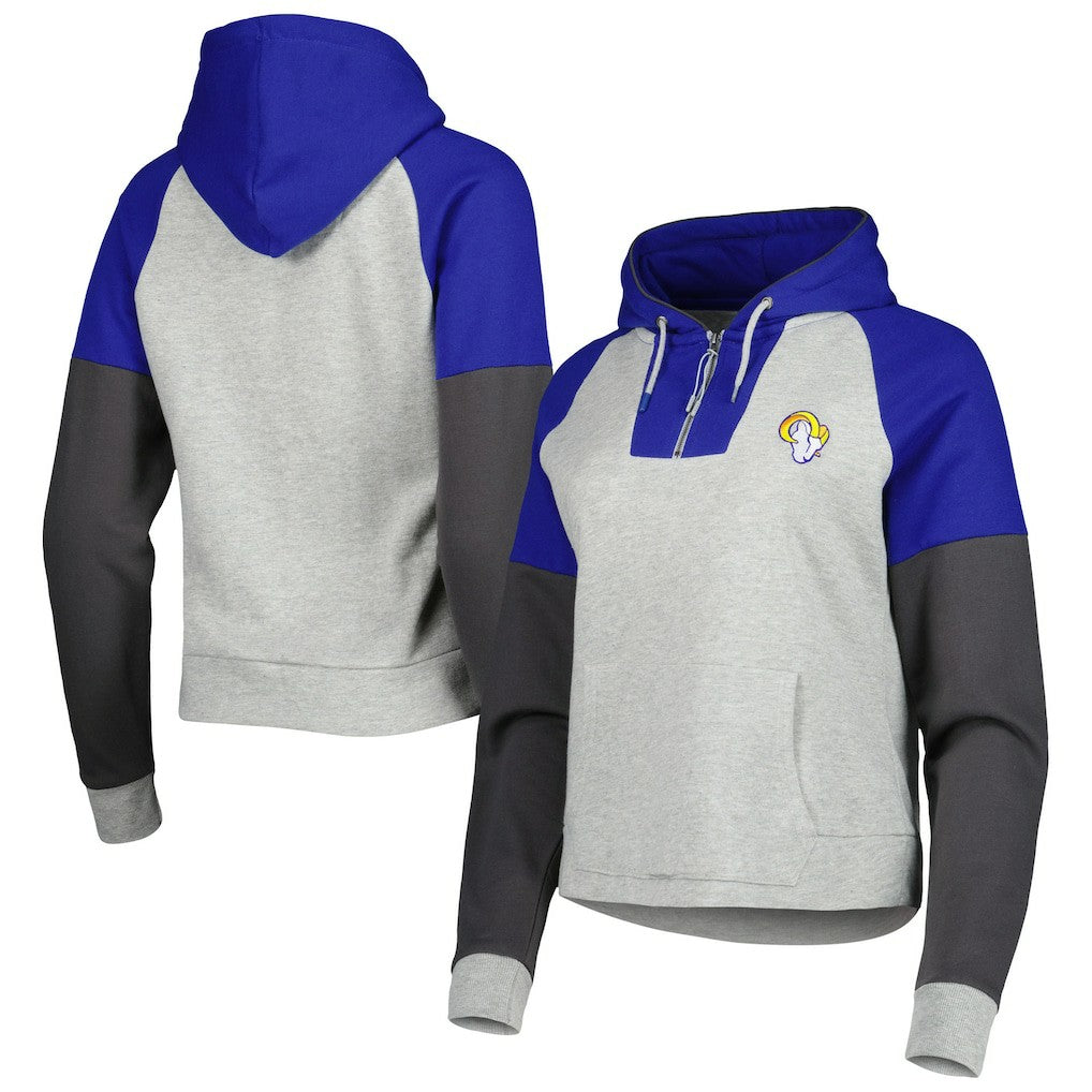 Los Angeles Rams Antigua Women's Lightweight Jackpot Raglan Half-Zip Pullover Hoodie - Heather Gray on sale