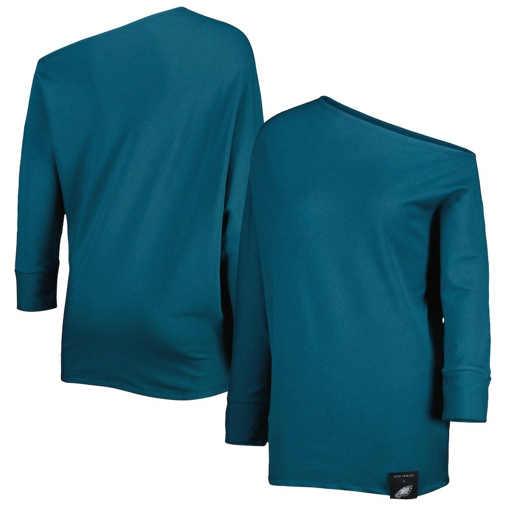 Philadelphia Eagles KIYA TOMLIN Women's Twisted Tri-Blend Asymmetrical 3/4-Dolman Sleeve Sweatshirt - Midnight Green sale