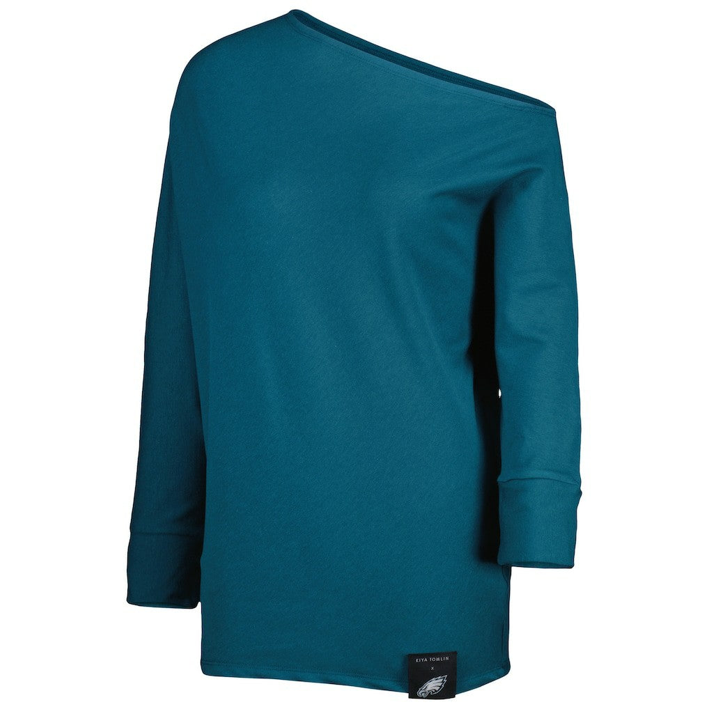 Philadelphia Eagles KIYA TOMLIN Women's Twisted Tri-Blend Asymmetrical 3/4-Dolman Sleeve Sweatshirt - Midnight Green sale