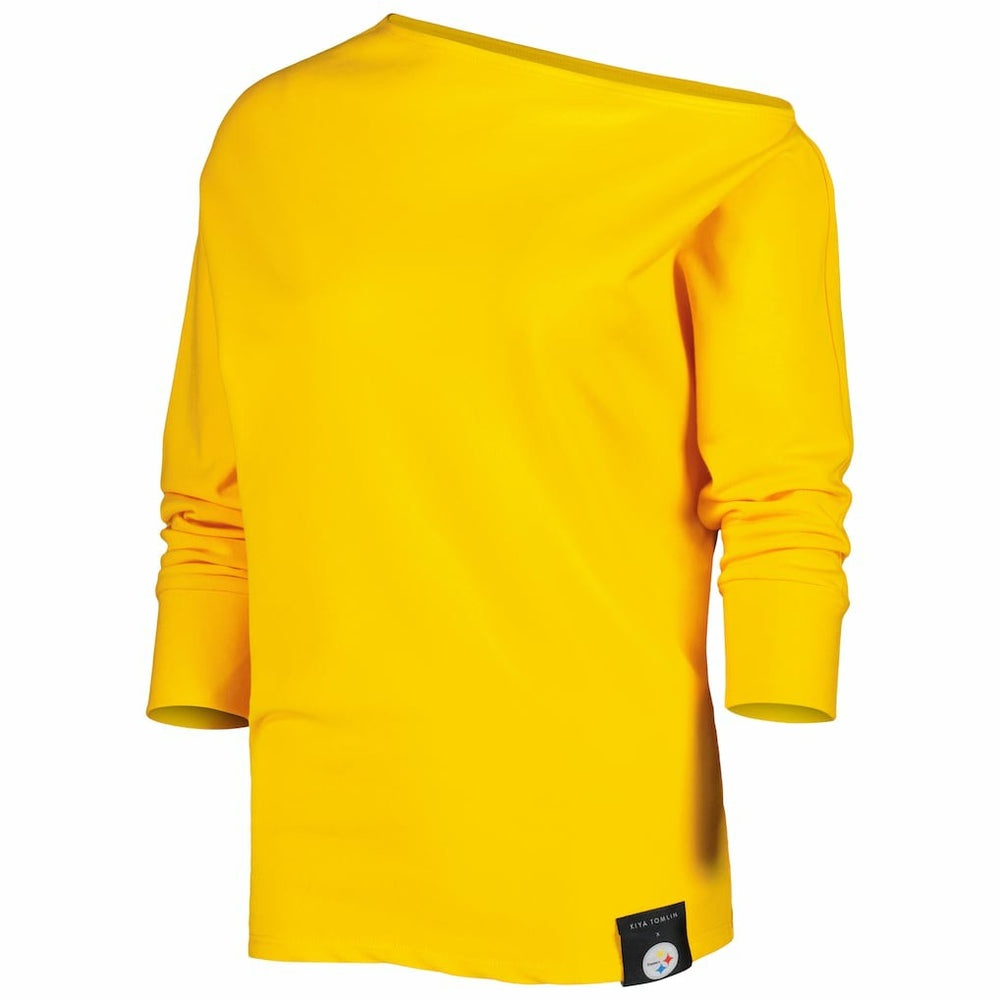 Pittsburgh Steelers KIYA TOMLIN Women's Twisted Tri-Blend Asymmetrical 3/4-Dolman Sleeve Sweatshirt - Gold outlet