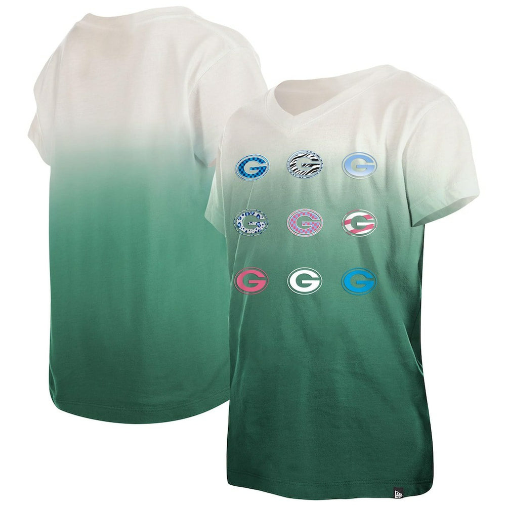 Green Bay Packers New Era Youth Multi Logo Ombre V-Neck T-Shirt - Green outlet