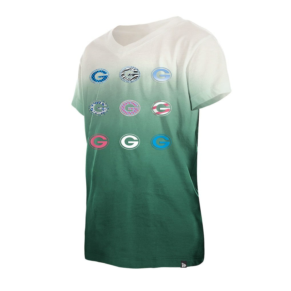 Green Bay Packers New Era Youth Multi Logo Ombre V-Neck T-Shirt - Green outlet
