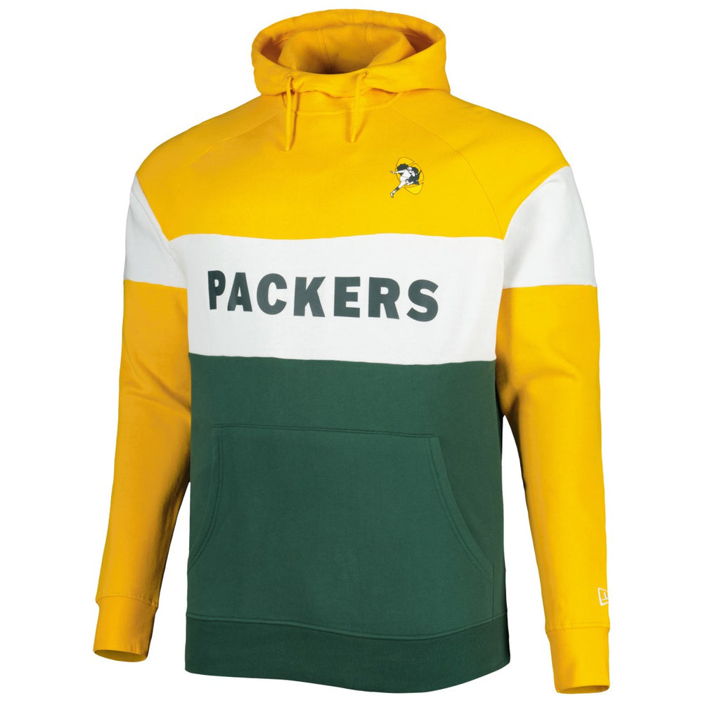 Green Bay Packers New Era Big & Tall Throwback Colorblock Fleece Raglan Pullover Hoodie - Gold/Green discount