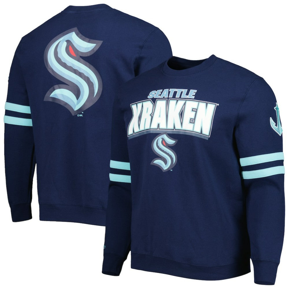 Seattle Kraken Mitchell & Ness Allover Logo Pullover Sweatshirt - Deep Sea Blue Sweatshirts