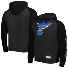 St. Louis Blues Mitchell & Ness Distressed Logo Raglan Pullover Hoodie - Heather Black Hoodies