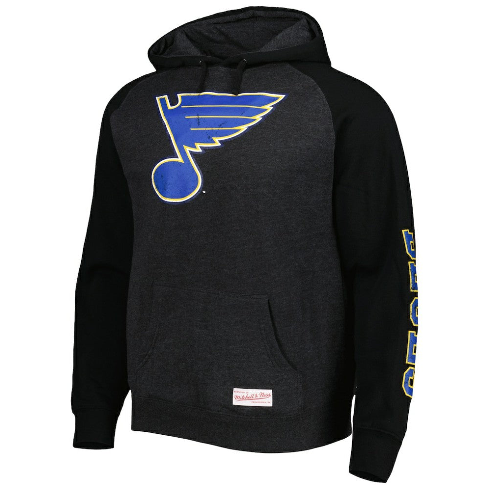 St. Louis Blues Mitchell & Ness Distressed Logo Raglan Pullover Hoodie - Heather Black Hoodies