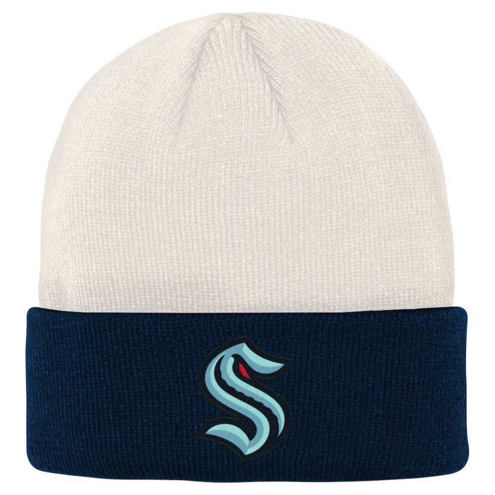 Seattle Kraken Youth Logo Cuffed Knit Hat - Cream/Deep Sea Blue Hats