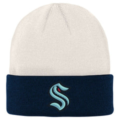 Seattle Kraken Youth Logo Cuffed Knit Hat - Cream/Deep Sea Blue Hats