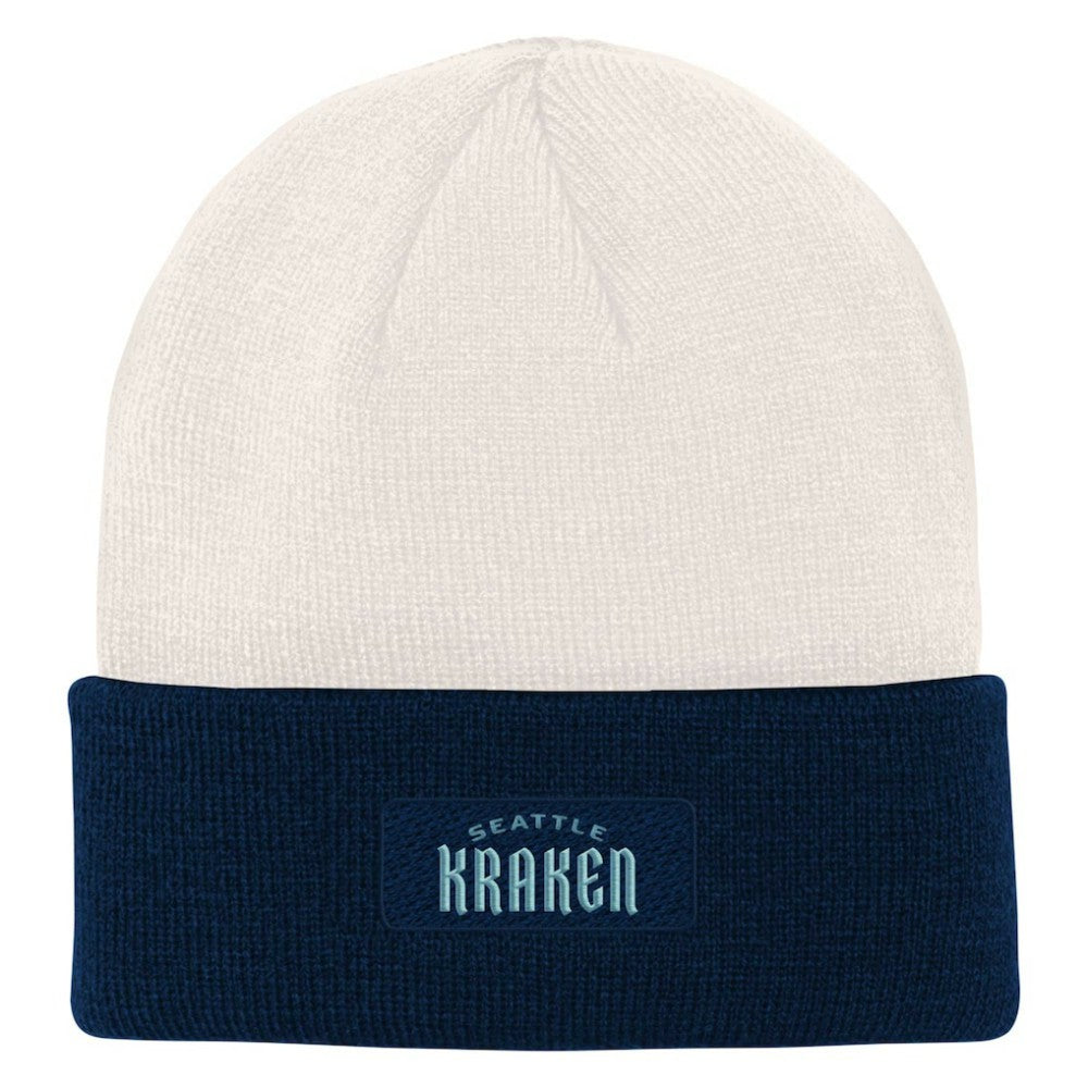 Seattle Kraken Youth Logo Cuffed Knit Hat - Cream/Deep Sea Blue Hats