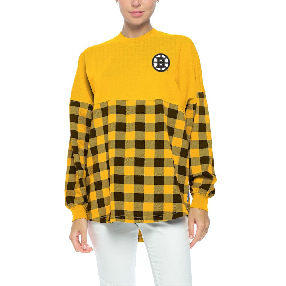 Boston Bruins Fanatics Women's Buffalo Check Long Sleeve T-Shirt - Gold T-shirts