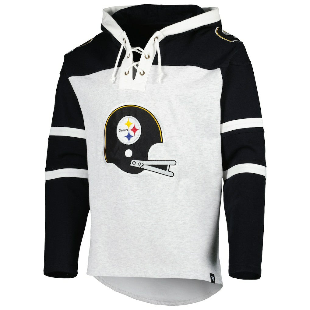 Pittsburgh Steelers '47 Historic Logo Gridiron Lace-Up Pullover Hoodie - Heather Gray outlet