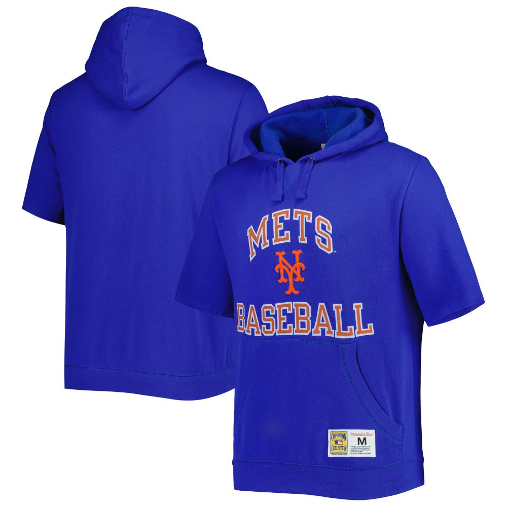 New York Mets Cooperstown Collection Washed Fleece Pullover Short Sleeve Hoodie Royal
