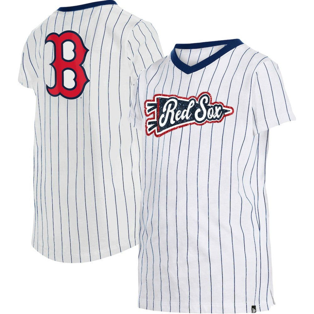 Boston Red Sox Girls Youth Pinstripe V-Neck T-Shirt White